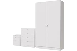 Nera 3 Piece Bedroom Furniture Set Wardrobe Chest of Drawers Bedside Table Set Bedroom Furniture Sets for Storage (White)