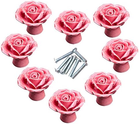 Set of Pink Ceramic Floral Rose Door Knobs Handle x Pack 8
