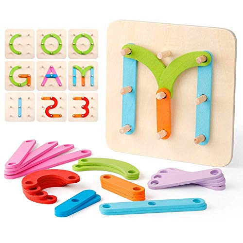 Coogam Wooden Numbers and Letters Construction Activity Set Montessori Prechool Educational Toy Shape Color Recognition Game Wooden Stacking Blocks Sorter Board for Kids Toddlers