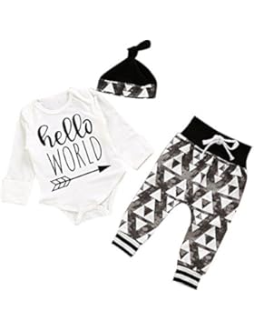 3er Set Baby Bekleidung Neugeborene Mädchen Jungen Langarm-Body mit Spruch hello World Strampelhose mit Fuß Mütze