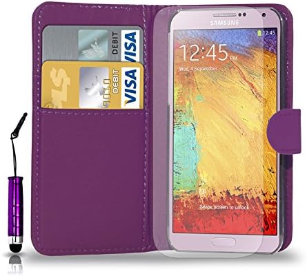 Samsung Galaxy Note 3 Leather Wallet Flip Case Cover Pouch & Mini Touch Stylus Pen + Free Screen Guard & Cleaning Cloth - DARK PURPLE