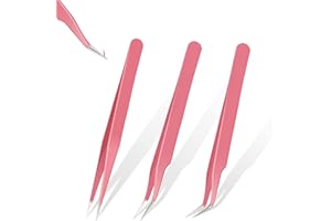 BBTO Juego de 3 Pinzas Rosas de Extensión de Pestañas Pinzas de Acero Inoxidable con Punta Recta y Curva Pinzas de Pestañas de Metal Herramienta de Aplicación de Extensiones de Pestañas Postizas