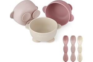 PandaEar Set di 3 Ciotole in Silicone con Ventosa e 3 Cucchiaini per Bambini | Ciotole Antiscivolo a Fissaggio Sicuro e Cucchiaini Morbidi in Silicone per la Prima Pappa (Rosa Lino)