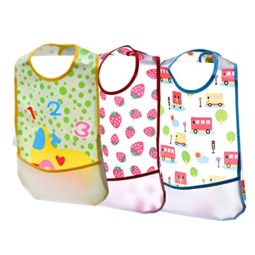 Blulu Waterproof Baby Bibs with Food Catcher Pocket, 3 Pack
