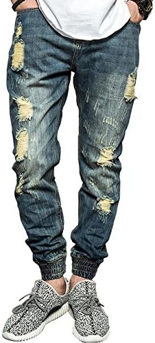 Clorcore Men's Elastic Stretch Cuffed Ripped Denim Jogger Jeans Trouser (XL)