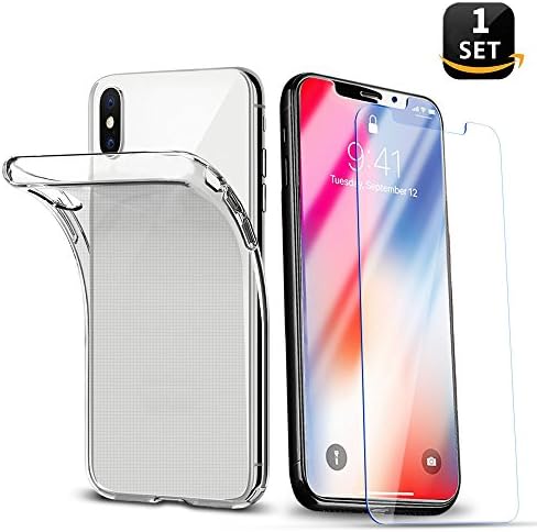 iPhone X/10 Case Cover Clear + Screen Protector, Crystal Soft TPU Cover Shell and 3D Touch Compatible 9H Hardness Tempered Glass with Easy Install Kit Support Wireless Charging for iPhone X