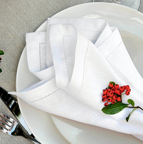 Linen & Cotton 4 x Luxus Stoffservietten FLORENCE mit Hohlsaum – 43cm x 43cm, 100% Leinen (Weiß) - 4