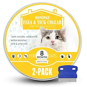 MONIPGU Flea and Tick Collar for Cats,2 Pack,Natural Flea and Tick Prevention for Cats,8 Months Protection,One Size Fits All Cats,Adjustable & Waterproof,Include Flea Comb