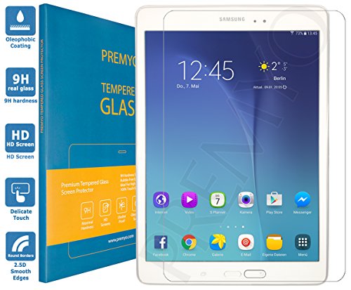 PREMYO Samsung Galaxy Tab A 9.7 Panzerglas. Galaxy Tab A 9.7 Schutzfolie mit Härtegrad 9H und abgerundeten Ecken 2,5D. Tab A 9.7 Schutzglas