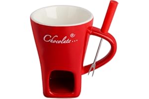 NOAYA Ceramic Fondue Mugs with Fork - Melting Chocolate Pot with Fork, Chocolate Fondue Mug, Cheese Warmer Cup, Light Candle Fondue Melter Set for Melting Hot Chocolate for Home, Red