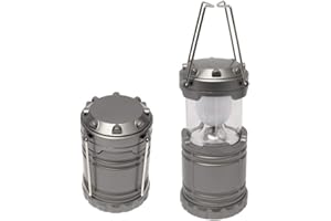 PROMO SHOP Lampara LED Camping Plegable con 2 Colgadores - Color Plateado Mate · Funciona con Pilas · Potente y Brillante Farol LED Ideal para Aventuras, Acampadas, Pesca, Senderismo, etc