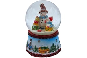 DEKOHELDEN24 Schneekugel, Schneemann mit blauem Schal, Maße H/B/Ø Kugel: ca. 8,5 x 6,5 cm/Ø 6,5 cm.