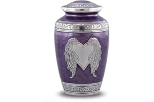 IMMORTAL-MEMORIES Angel Wings Cremation Urn for Ashes – Adult Size Purple Urn with Silver Heart & Wings – Handcrafted Memorial Funeral Urns with Velvet Bag – Alloy Ashes Keepsake Urn's