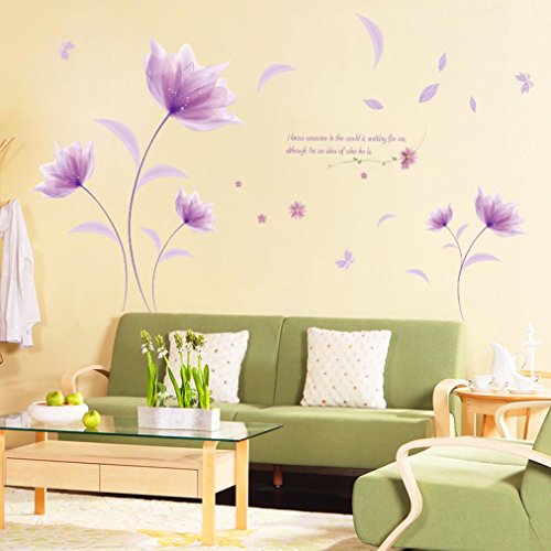 Saingace Wandaufkleber Wandtattoo Wandsticker,DIY lila Blumen Romantik Romantische Wärme TV Hintergrund Wand Dekoration abnehmbare Wandaufkleber - 2