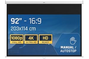 iggual Pantalla Proyección 92" Pulgadas- Enrollable Manual Panorámico- Formato 16:9- Ángulo Visión 180º- Altura Ajustable- Apto Pared/Techo- Compatible 4K y Cualquier Proyector, (203x114 cm)