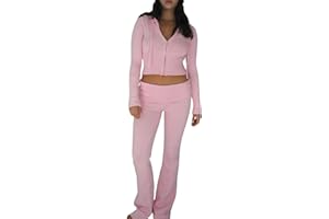 PanLidapan Women Casual Two Piece Summer Outfits Long Sleeve Zipper Hooded Crop Top Trouser Solid Colour Knit Lounge Sets Sweatsuit Tracksuit