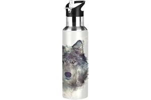 Mnsruu Aquarelle Main Dessiner Loup Isotherme Bouteille d'eau avec Paille, Gourde Sport en Acier Inoxydable 600ML Gourdes sans BPA pour Enfant Garçon Fille École Bureau
