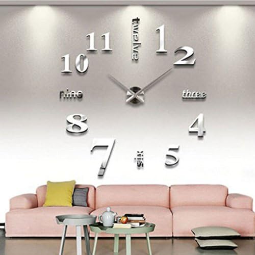 DIY Large Wall Clock 3D Mirror Surface Sticker Home Decoration Art Design (Silver)