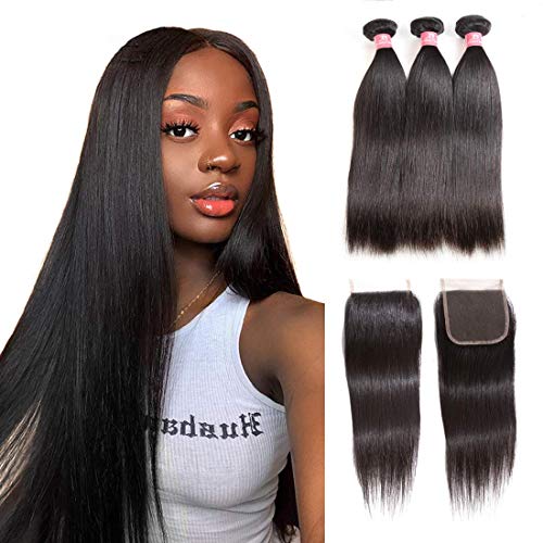 IFLY 7A Grade tissage bresilien en lot avec closure human hair bundles cheveux tissage bresilien lisse avec grammes 4 x 4 en dentelle Fermeture(12 14 16+10pouces)