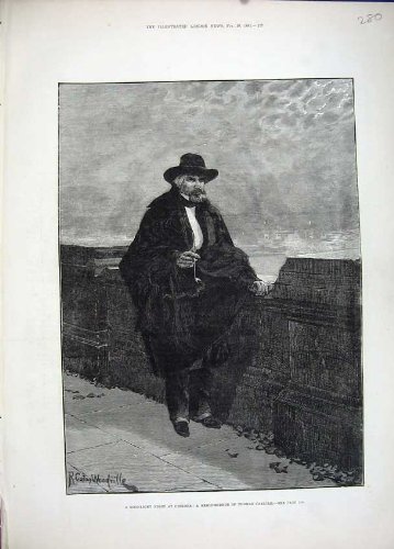 old-print Estampado Victoriano Antiguo 1881 Woodville Art Chelsea Thomas Carlyle Man Moonlight