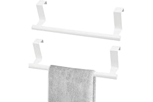 DIBALIYI 2 Pcs Stainless Steel Towel Holder, Over Door Towel Rail with Protective Strip, Towel Bar Holder, Silver Dish Towel rack for Kitchen Bathroom Cupboards Drawer (2* Small-White)