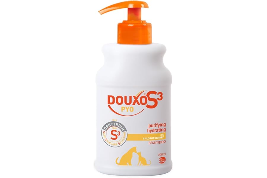 DOUXO S3 PYO Antibacterial and Antifungal Dog and Cat Shampoo - Hypoallergenic Fragrance - Veterinary Recommended and Clinically Proven - Created with dermatologists - Safe Skincare Selection - 200ml