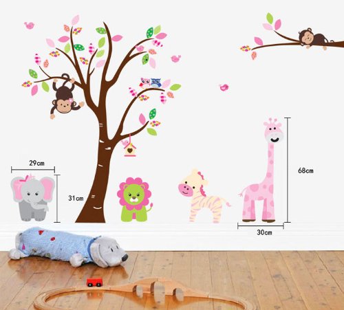 Fungoo large colorful tree & jungle animals wall sticker nursery bedroom wall art decor Elephant/Monkeys/Giraffe/Loin/Owls/zebra Kids room removable decal baby bedroom wall art