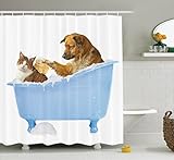 Cat Lover Decor Shower Curtain Set by Ambesonne, Dog and Kitty in the Bathtub Together with Bubbles Shampooing Having Shower Fun Artsy Print, Bathroom Accessories, 84 Inches Extralong, Multi