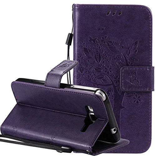 Samsung Galaxy Grand Prime SM-G530 Hlle Leder Flip Wallet Cover Case, Nnopbeclik Folio PU Leather Luxus Bunt Blume Case Handytasche Schutz Imprinting Baum-Blume-Katze-Schmetterling Kristall Glitzer Bookstyle Handyhlle Echt Strass Etui Muster Brieftasche Stodmpfend Tasche Schale mit Standfunktion Karteneinschub und Magnetverschlu Pour Samsung Galaxy Grand Prime SM-G530 5.0 Zoll[Knigsblau]