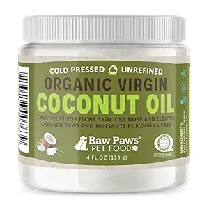 Raw Paws Organic Coconut Oil For Dogs & Cats, 4-Oz - Treatment Itchy Skin, Dry Nose, Paws, Elbows, Hot Spot Lotion Dogs, Natural Hairball Remedy Flea Tick Prevention