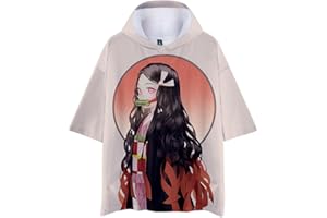 Yumenam Unisexe T-Shirts à Capuche Anime Cartoono 3D Impression Manches Courtes Col Rond L'été Casual Tee Shirt Tops Hauts avec Poches pour Kimetsu no Yaiba Animation Japonaise Fans