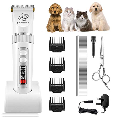 AFBEST Recortadores De Mascotas Recargables Inalámbricos - Cortapelos para Perros para Recortar El Pelo De Los Perros con 4 Peines De Guía y Cepillos De Limpieza Juegos De Uñas