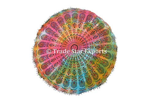 Groß Rund Bodenkissen, Abbindebatik Mandala Kopfkissen 81,3 cm dekorativer Überwurf-, Indian Pouf Polsterhocker, Boho Außenkissenbezug, POM POM kissenrollen - 4