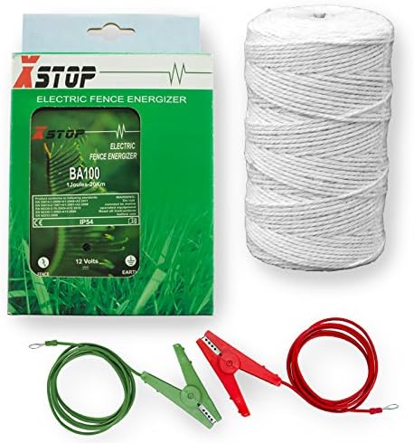 BA100 Electric Fence Energiser Fencer Energizer X-Stop 12v Battery Powered 1Km 0.1 Joule with Heavy Duty Leads and 200m of Pro-Tec PolyWire Wire