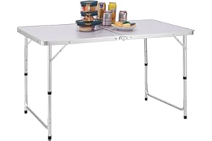 BAKAJI Tavolo da Campeggio Picnic con Altezza Regolabile, Struttura in Alluminio, Sistema Pieghevole con Maniglia per Trasporto Facilitato, Ideale per Giardino e Pranzi Esterni, 60x120x70cm (Bianco)