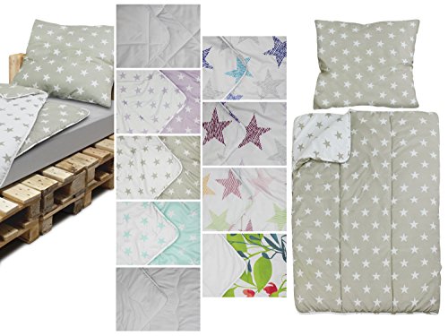 Bettenset erhältlich in 9 verschiedenen Ausführungen - Mikrofaser - Steppbett ca. 135 cm x 200 cm & Kopfkissen ca. 80 cm x 80 cm - geprüfte nach Öko-Tex Standard 100, Wendebett [Sterne taupe]