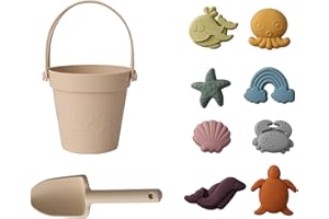 Melearch Giocattolo da spiaggia per bambini, 10 pezzi, set di sabbia, con secchio e pala, per ragazze e ragazzi, giochi estivi, beige