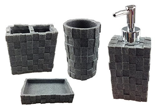 Bad Set Badezimmer Badgarnitur Stein Optik Seifenspender Zahnputzbecher Badset (69-8 grau)