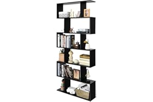 SFAREST 5/6 Tier Bookcase, Wooden S-Shaped Bookshelf, Freestanding Shelving Display Storage Organizer Unit for Living Room Study Room Office (Black, 80 x 23 x 192cm)