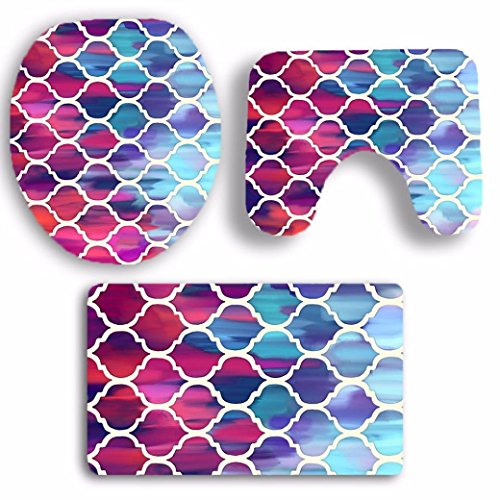 Clode® Christmas Toilet Covers Set, 3Pcs/set Geometric Drawing Bathroom Non-Slip Print Toilet Seat Cover Mat Removable Home Decoration Pedestal Rug + Lid Toilet Cover + Bath Mat (Multicolor 9)