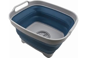 SAMMART Pentola pieghevole da 7,5 litri con tappo di scarico – Lavabo pieghevole – Vasca da bagno portatile – Vassoio salvaspazio da cucina (grigio/acciaio blu, 1)