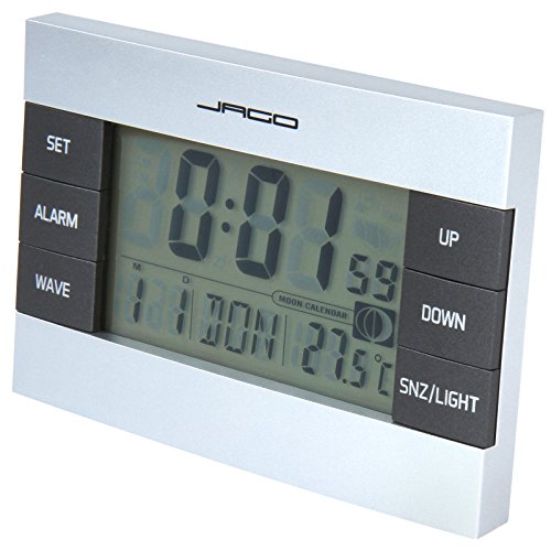 Jago Funkwecker mit Mondkalender und Temperaturanzeige mit LCD-Display in 7 verschiedenen Sprachen inkl. Snooze-Funktion und Datums- Wochentaganzeige