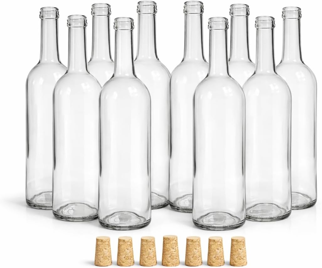 Taninea Botellas Cristal Vacías para Vino 750 ml Blanca/Transparente con Corcho Cónico Natural – Pack 12 – Tipo Bordelesa – Reutilizables para Vino Casero, Licores, Aceites y Vinagres