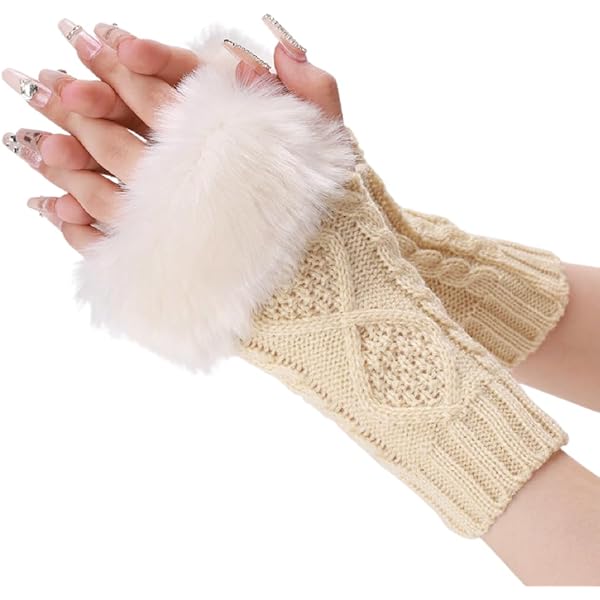 Guanti Senza Dita In Maglia Con Pelliccia Sintetica - Scalda Mani Invernali Da Donna, Bianco, Taglia Media