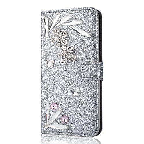 Preisvergleich Produktbild Misteem Handyhülle für iPhone 6S Plus Glitzer Strasssteine, Glänzende Brieftasche Kartenhalter Flip Leder Wallet Stoßfest Hülle für Apple iPhone 6S Plus / 6 Plus [Silber #02]