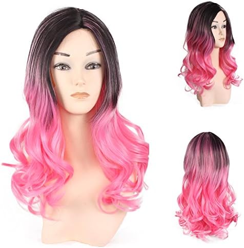 Synthetic Hair Wigs Fashion Celebrity Wigs for ladies Natural Looking Middle Part Dark Roots Pink Long Curly Wig 22inches