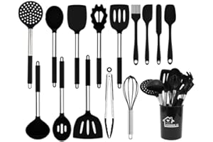 TINA&CO Juego de utensilios de cocina silicona 15 piezas de silicona con mango de acero inoxidable, resistentes al calor, antiadherente, espátulas grandes, apto para lavavajillas (Negro)