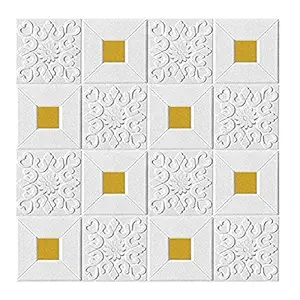 Kayra Decor PVC 3D Brick Flower Design Self Adhesive Sticker DIY Product (70x70x0.8 cm, White & Golden)