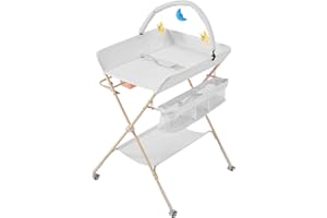 Warmiehomy Baby Changing Table Foldable Infant Diaper Changing and Bath Station Portable Change Unit with 3 Level Adjustable Heights, Toy Bar & Storage Baskets for Newborn Babies