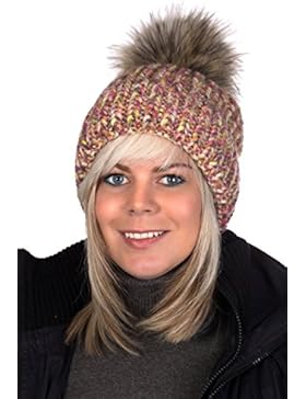 Beanie P Mütze mit Patentmuster gestrickt, Pudelmütze, Wintermütze mit großer Fellbommel aus Fellimitat